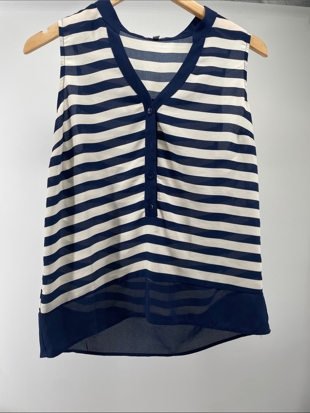Charlotte Russe Navy & White Striped V-Neck Sleeveless Top
